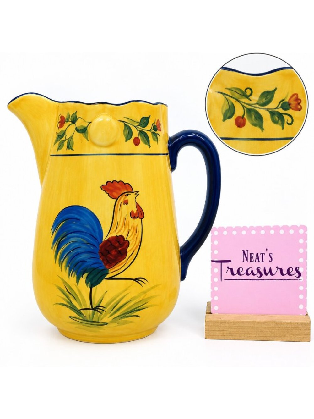 Cracker Barrel FARMHOUSE ROOSTER Colorful Yellow Blue Stoneware Beverage Pitcher
